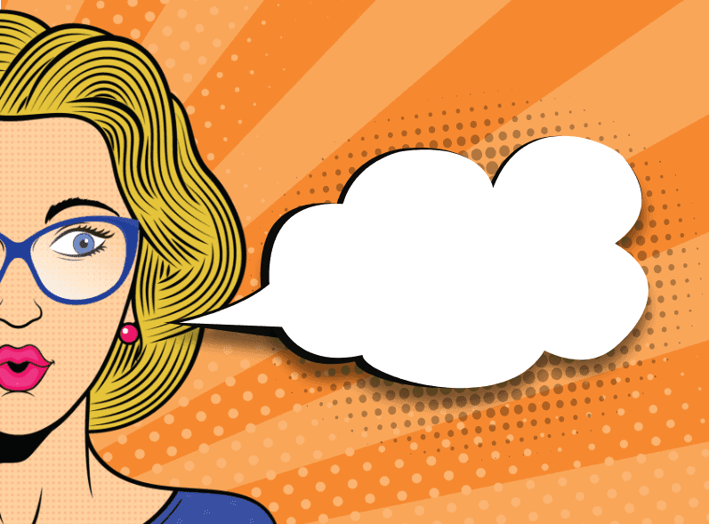 Image of a speech bubble and a female caregiver/patient on an orange background